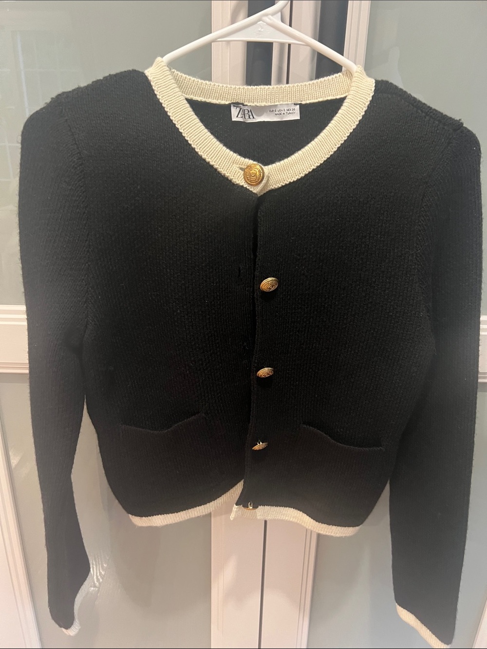 Zara Black Cardigan with Cream Trim and Gold Buttons